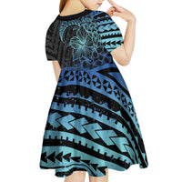 Floral Polynesian Hibiscus Tattoo Kid Short Sleeve Dress Blue Gradient Style