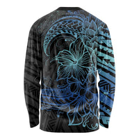 Floral Polynesian Hibiscus Tattoo Long Sleeve Shirt Blue Gradient Style