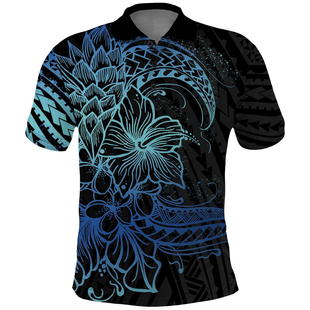 Floral Polynesian Hibiscus Tattoo Polo Shirt Blue Gradient Style