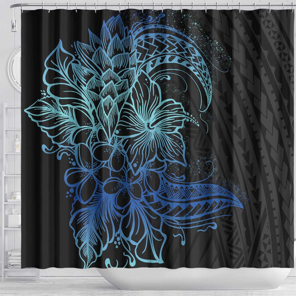 Floral Polynesian Hibiscus Tattoo Shower Curtain Blue Gradient Style