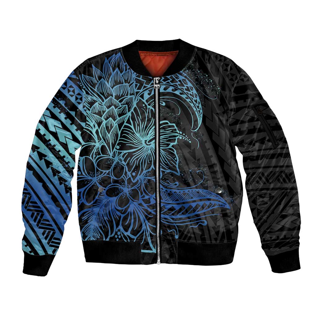 Floral Polynesian Hibiscus Tattoo Sleeve Zip Bomber Jacket Blue Gradient Style