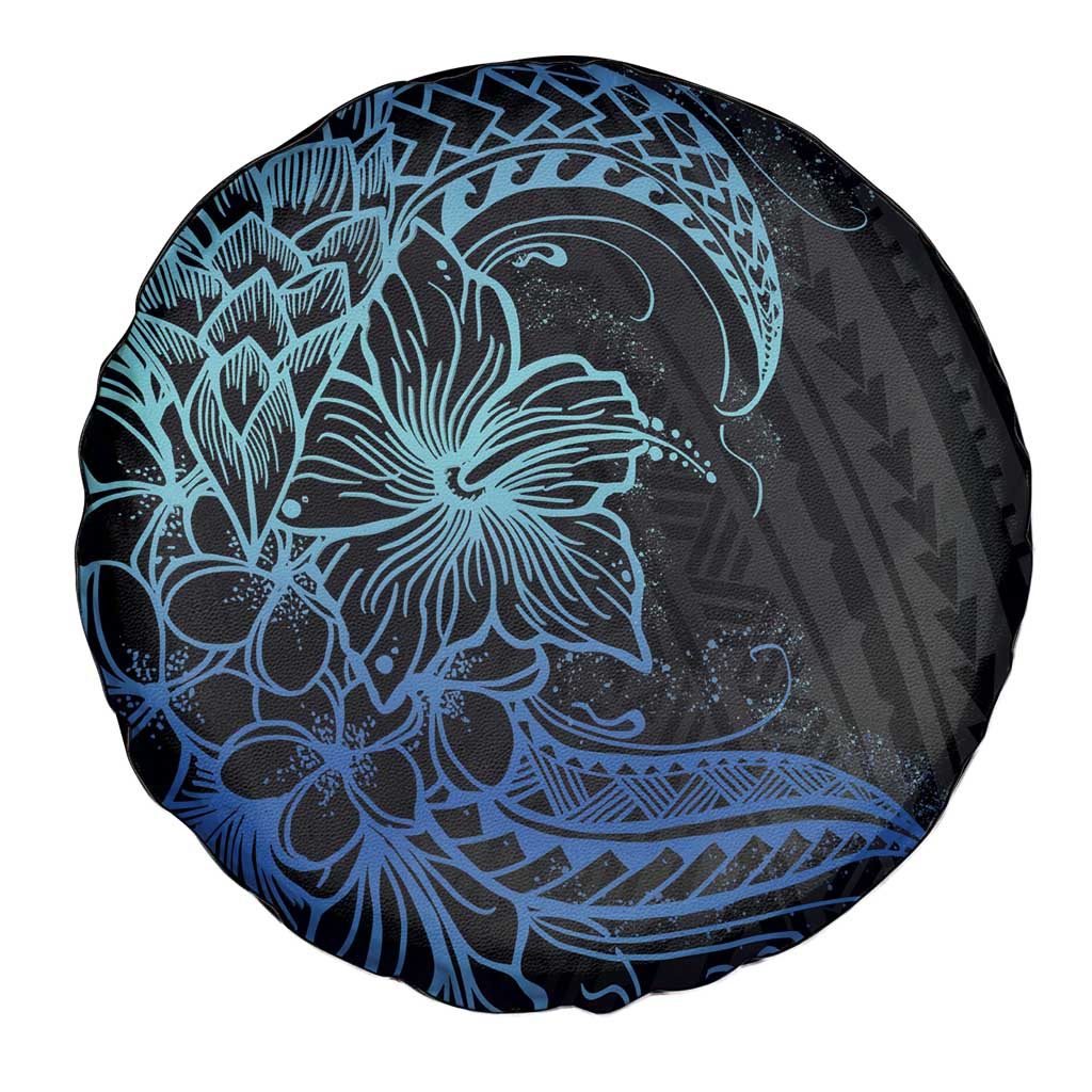 Floral Polynesian Hibiscus Tattoo Spare Tire Cover Blue Gradient Style
