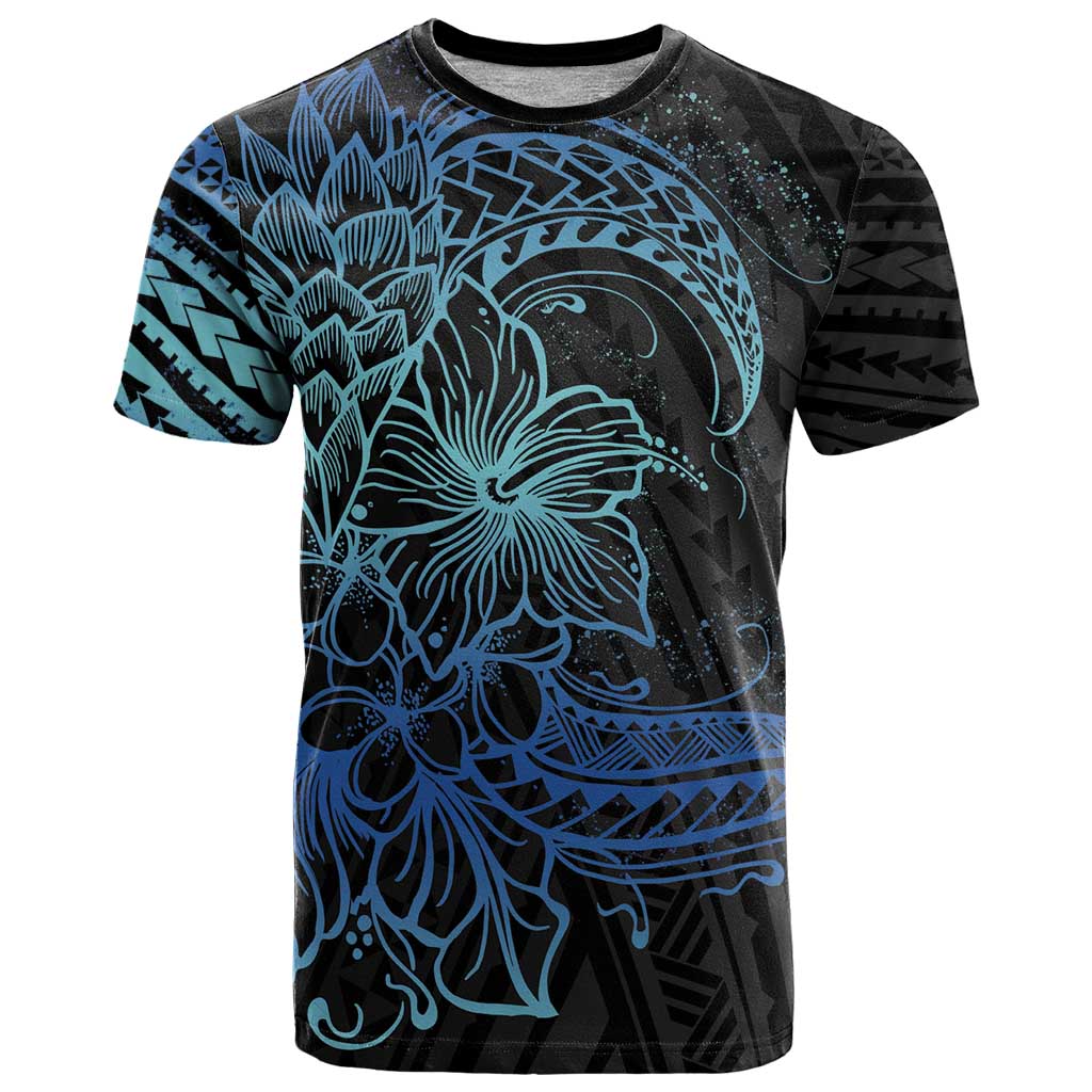 Floral Polynesian Hibiscus Tattoo T Shirt Blue Gradient Style