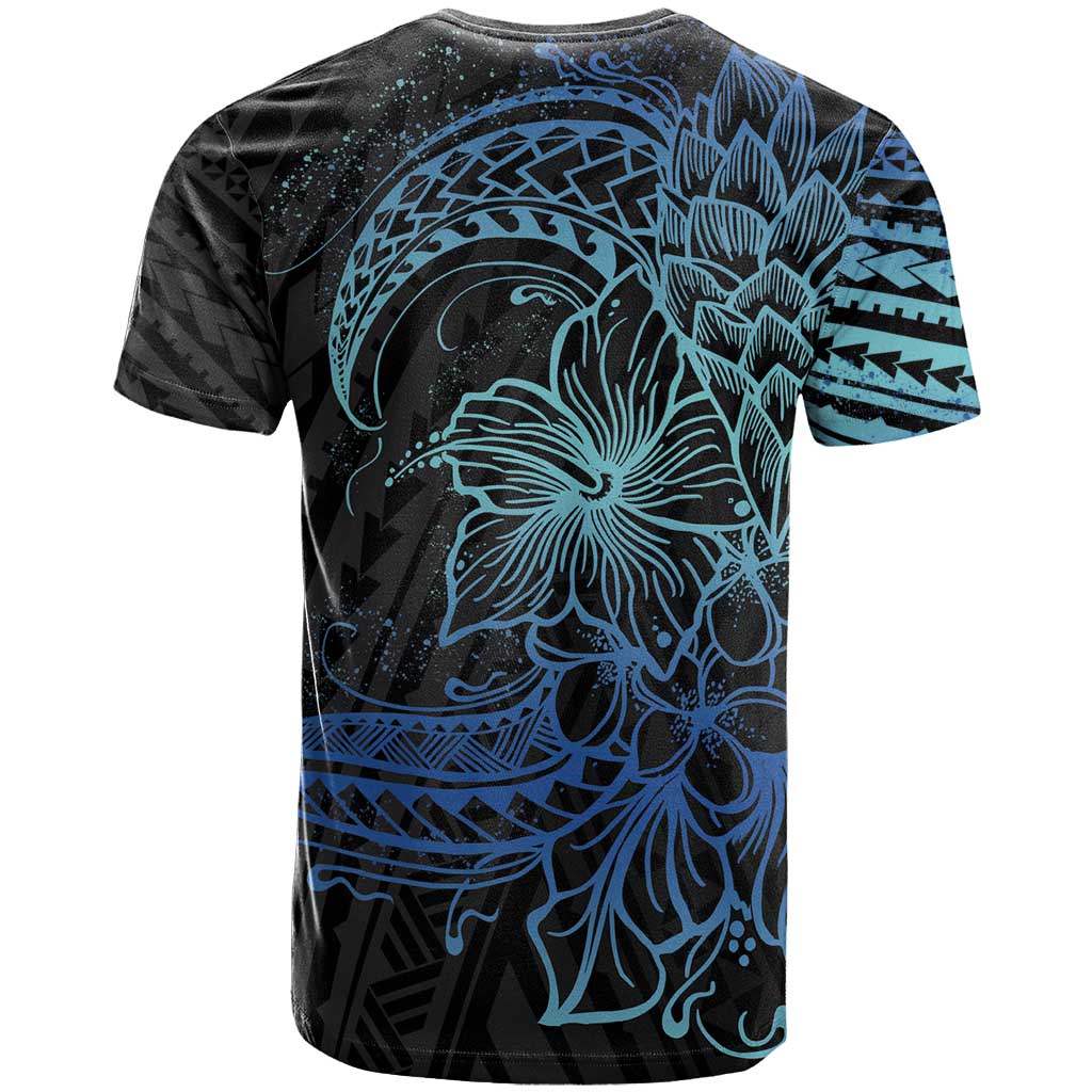 Floral Polynesian Hibiscus Tattoo T Shirt Blue Gradient Style