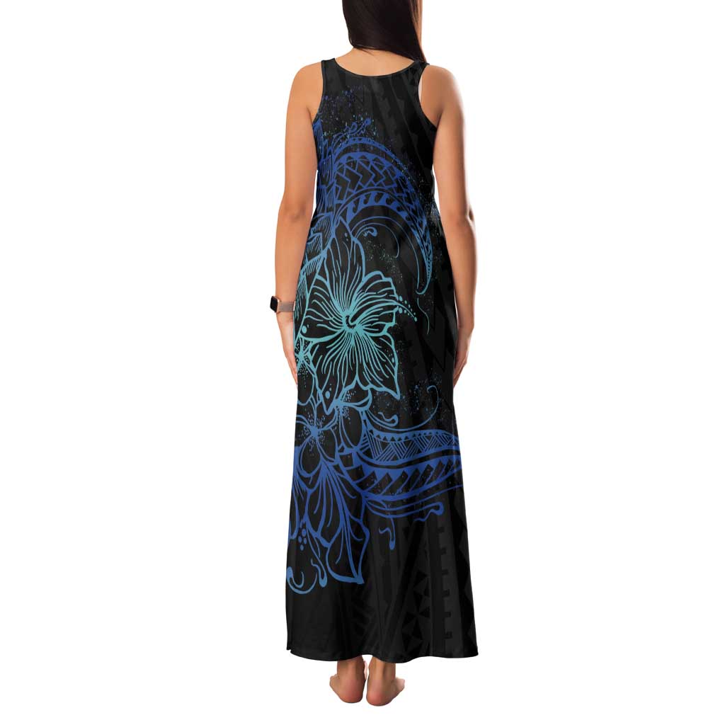 Floral Polynesian Hibiscus Tattoo Tank Maxi Dress Blue Gradient Style