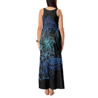 Floral Polynesian Hibiscus Tattoo Tank Maxi Dress Blue Gradient Style