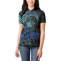 Floral Polynesian Hibiscus Tattoo Women Polo Shirt Blue Gradient Style