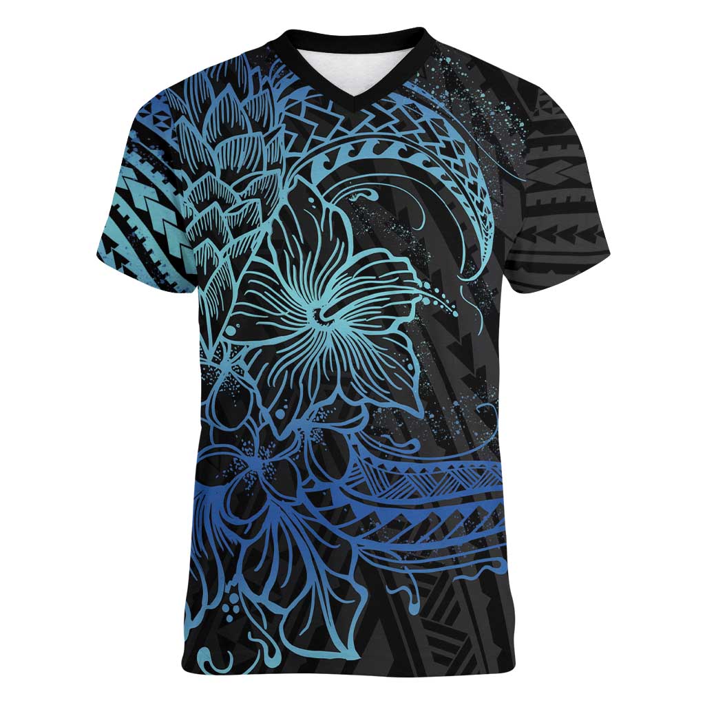 Floral Polynesian Hibiscus Tattoo Women V-Neck T-Shirt Blue Gradient Style