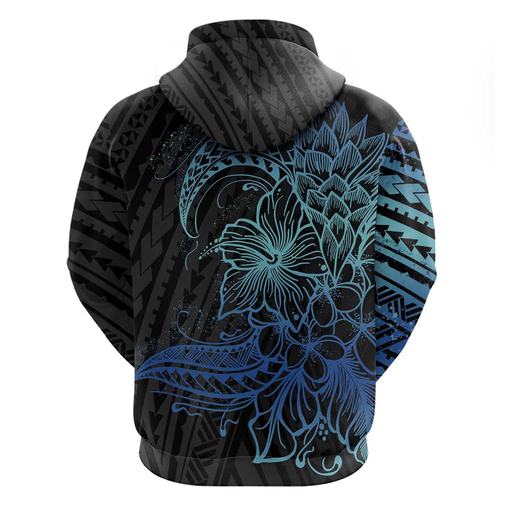 Floral Polynesian Hibiscus Tattoo Zip Hoodie Blue Gradient Style