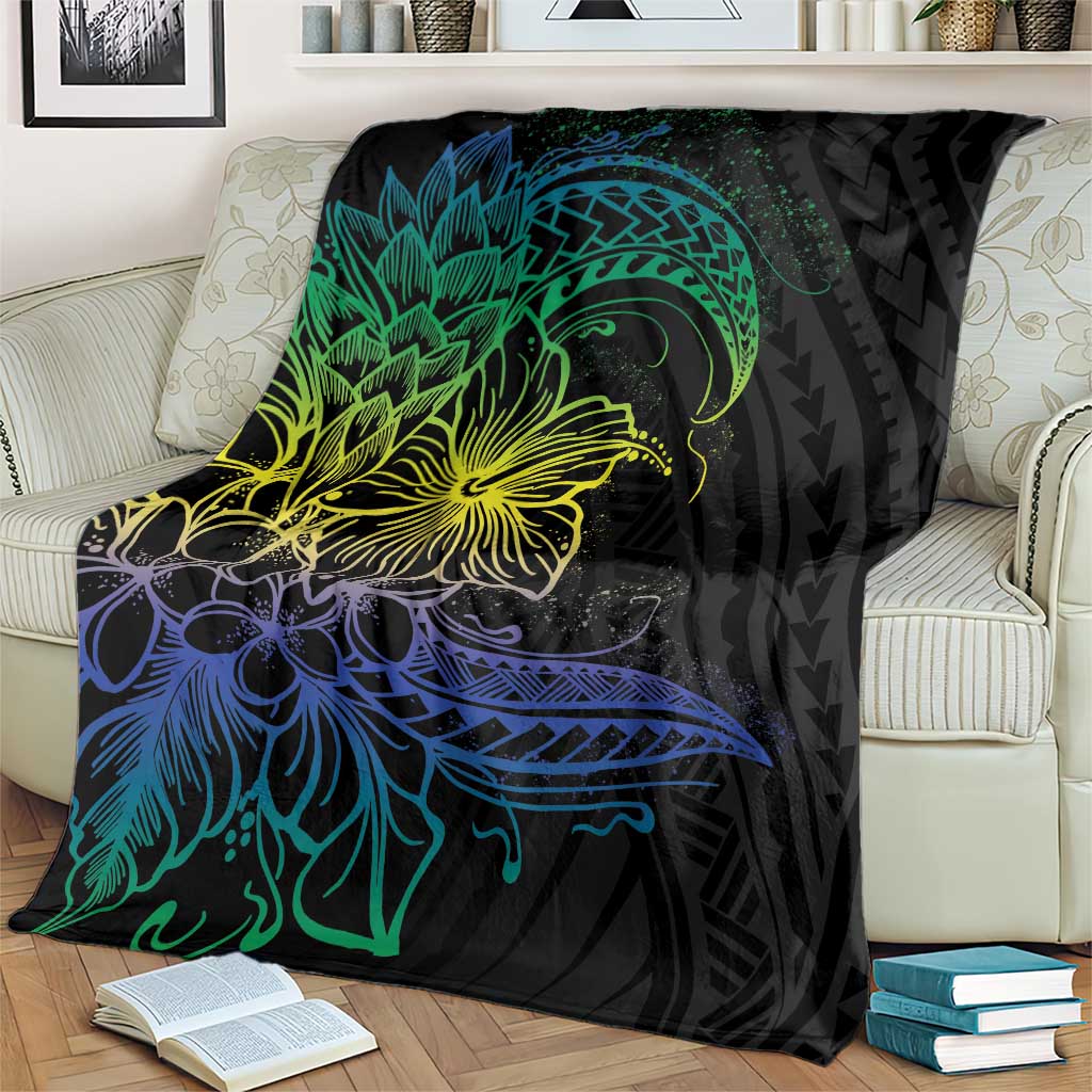 Floral Polynesian Hibiscus Tattoo Blanket Green Gradient Style