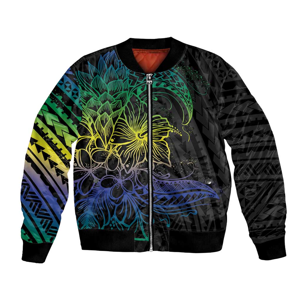 Floral Polynesian Hibiscus Tattoo Bomber Jacket Green Gradient Style LT9 Unisex Green - Polynesian Pride