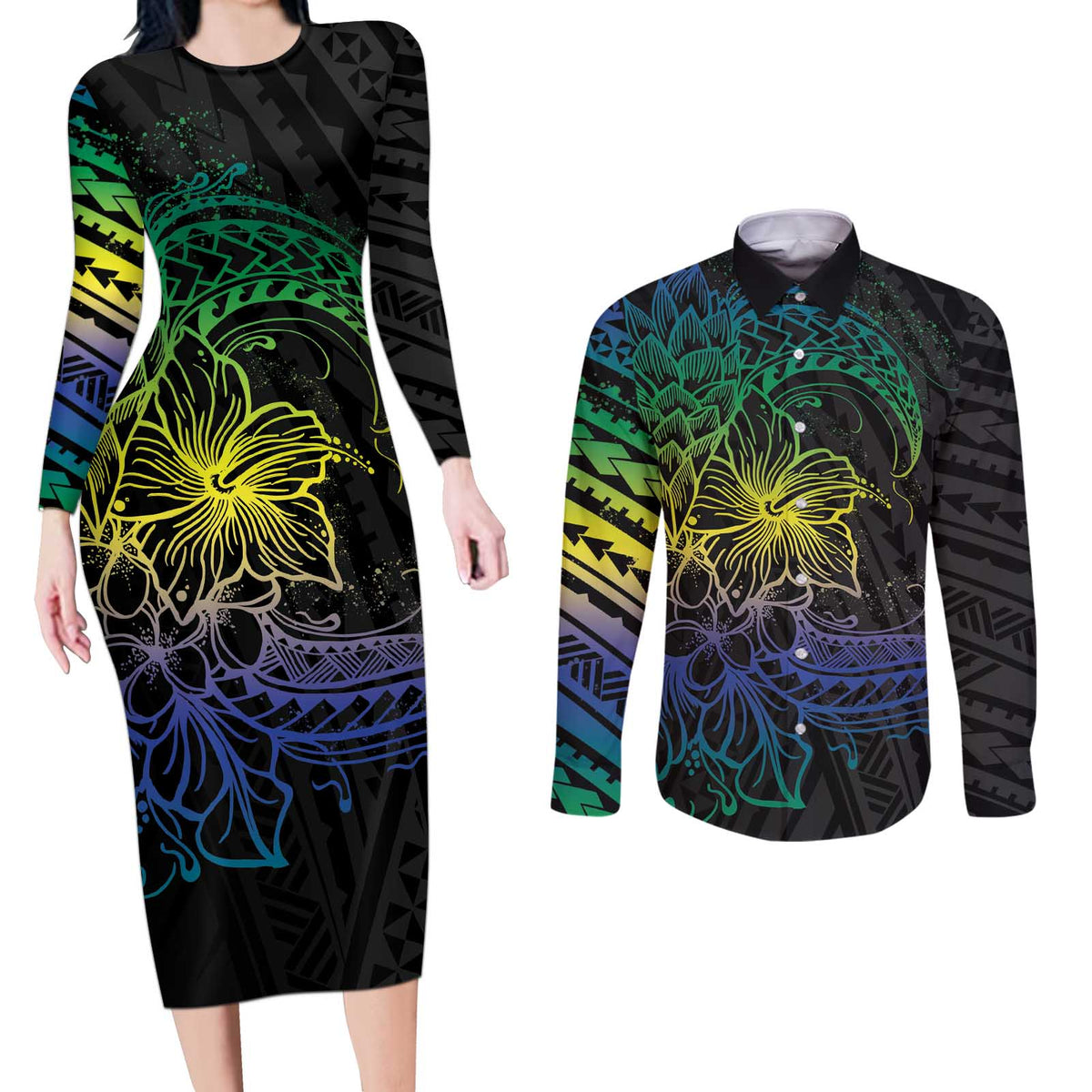 Floral Polynesian Hibiscus Tattoo Couples Matching Long Sleeve Bodycon Dress and Long Sleeve Button Shirt Green Gradient Style LT9 Green - Polynesian Pride