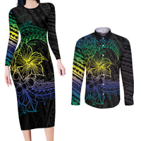 Floral Polynesian Hibiscus Tattoo Couples Matching Long Sleeve Bodycon Dress and Long Sleeve Button Shirt Green Gradient Style LT9 Green - Polynesian Pride
