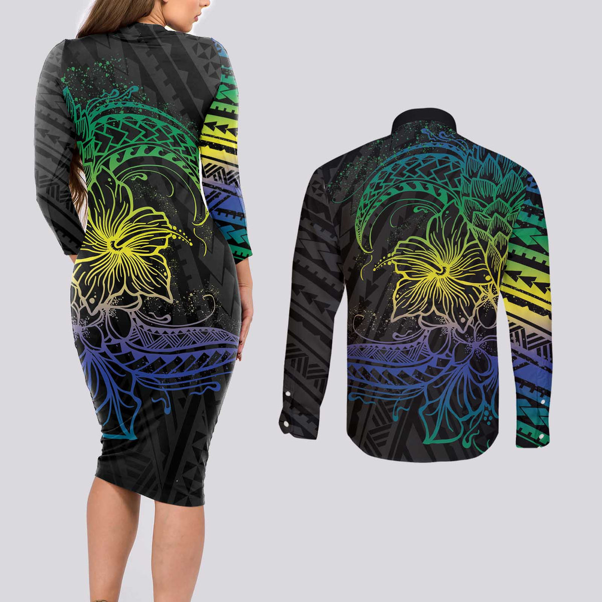 Floral Polynesian Hibiscus Tattoo Couples Matching Long Sleeve Bodycon Dress and Long Sleeve Button Shirt Green Gradient Style LT9 - Polynesian Pride