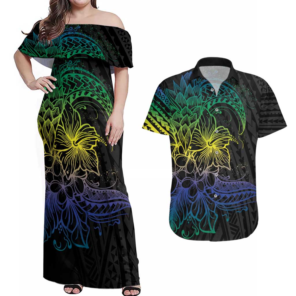 Floral Polynesian Hibiscus Tattoo Couples Matching Off Shoulder Maxi Dress and Hawaiian Shirt Green Gradient Style