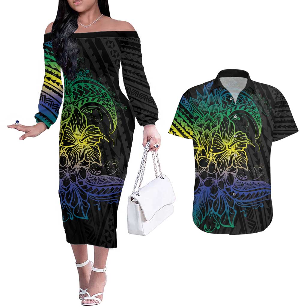 Floral Polynesian Hibiscus Tattoo Couples Matching Off The Shoulder Long Sleeve Dress and Hawaiian Shirt Green Gradient Style