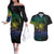 Floral Polynesian Hibiscus Tattoo Couples Matching Off The Shoulder Long Sleeve Dress and Hawaiian Shirt Green Gradient Style