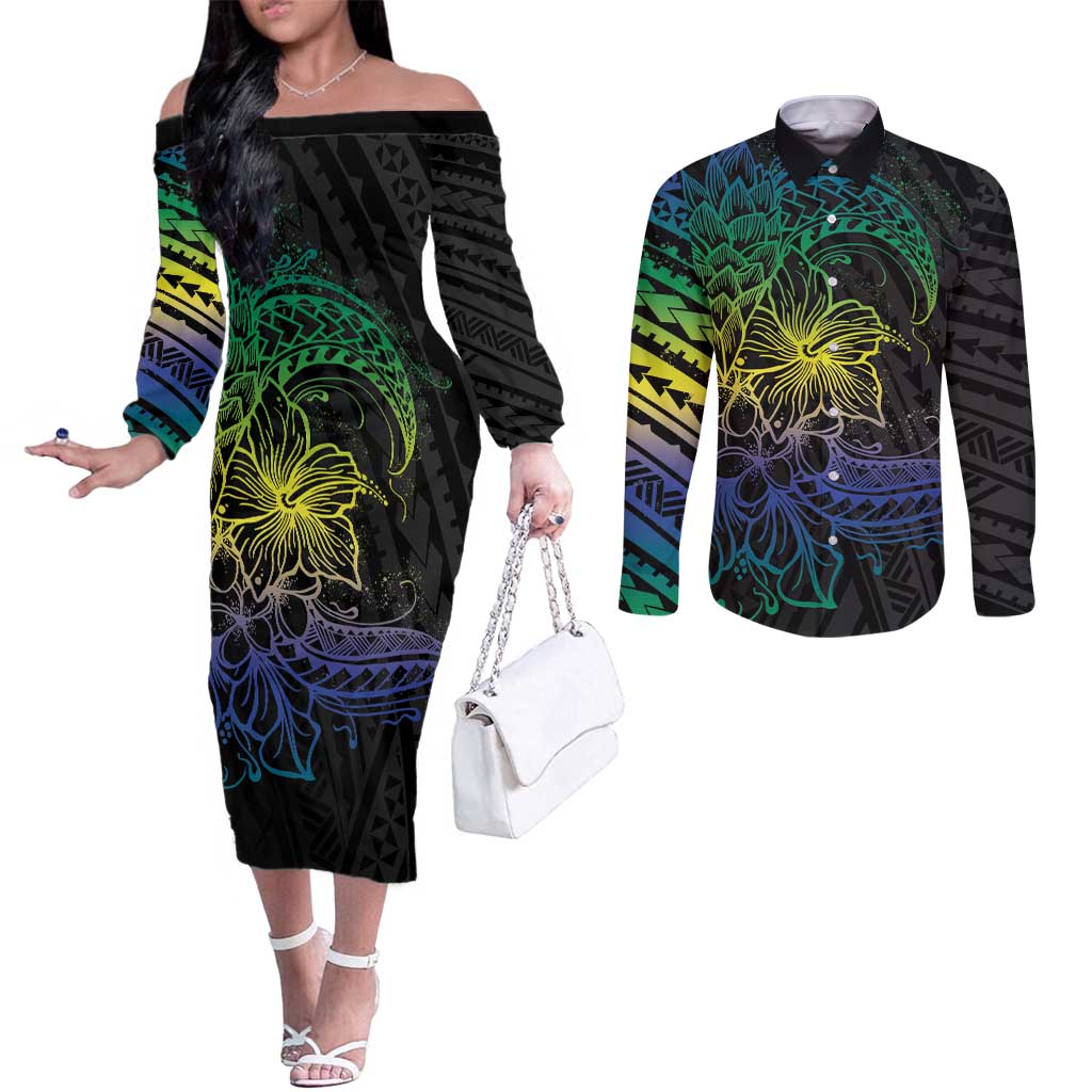 Floral Polynesian Hibiscus Tattoo Couples Matching Off The Shoulder Long Sleeve Dress and Long Sleeve Button Shirt Green Gradient Style