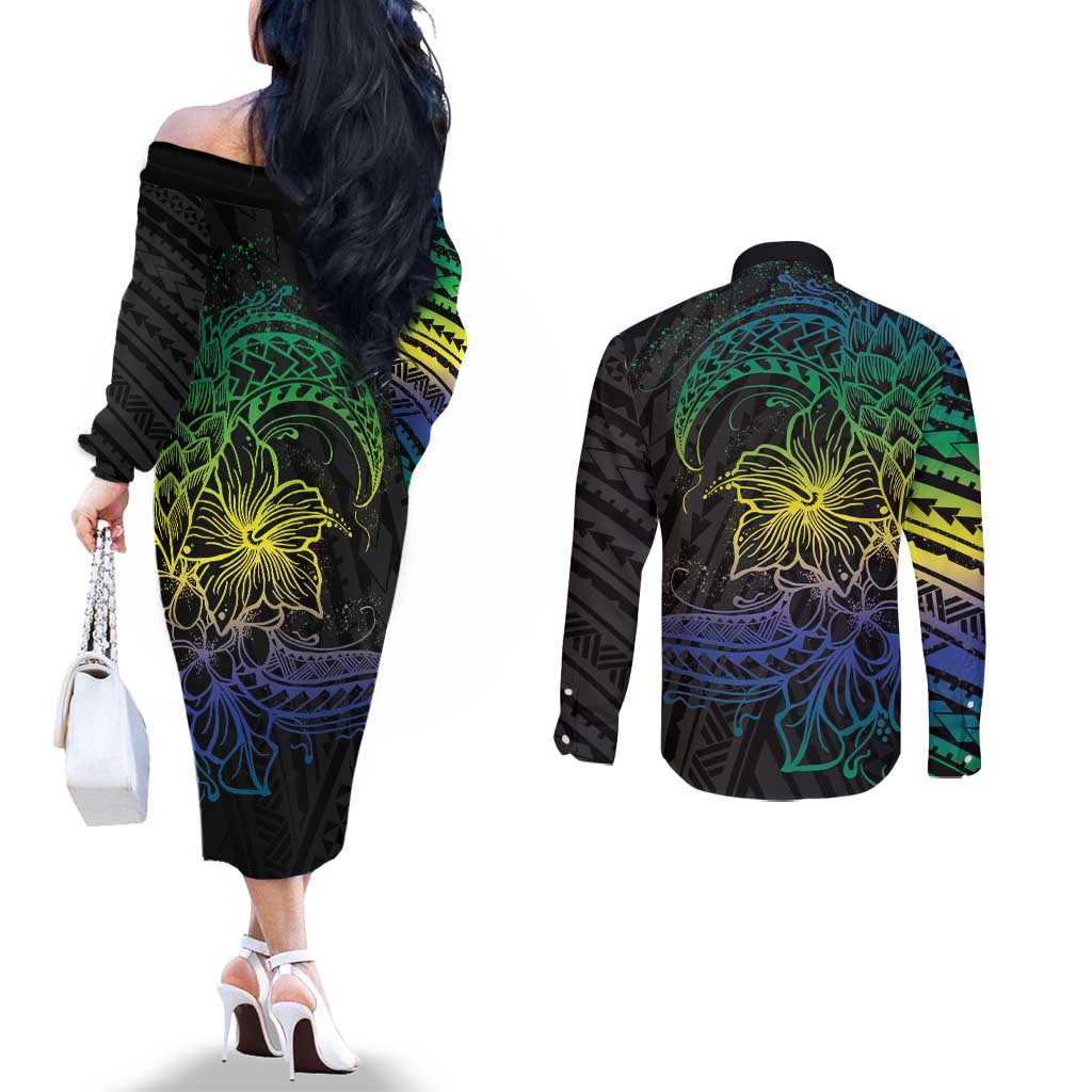 Floral Polynesian Hibiscus Tattoo Couples Matching Off The Shoulder Long Sleeve Dress and Long Sleeve Button Shirt Green Gradient Style