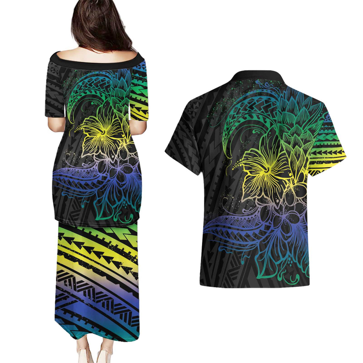 Floral Polynesian Hibiscus Tattoo Couples Matching Puletasi and Hawaiian Shirt Green Gradient Style