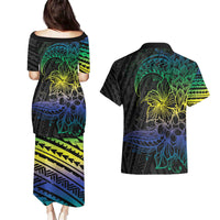 Floral Polynesian Hibiscus Tattoo Couples Matching Puletasi and Hawaiian Shirt Green Gradient Style