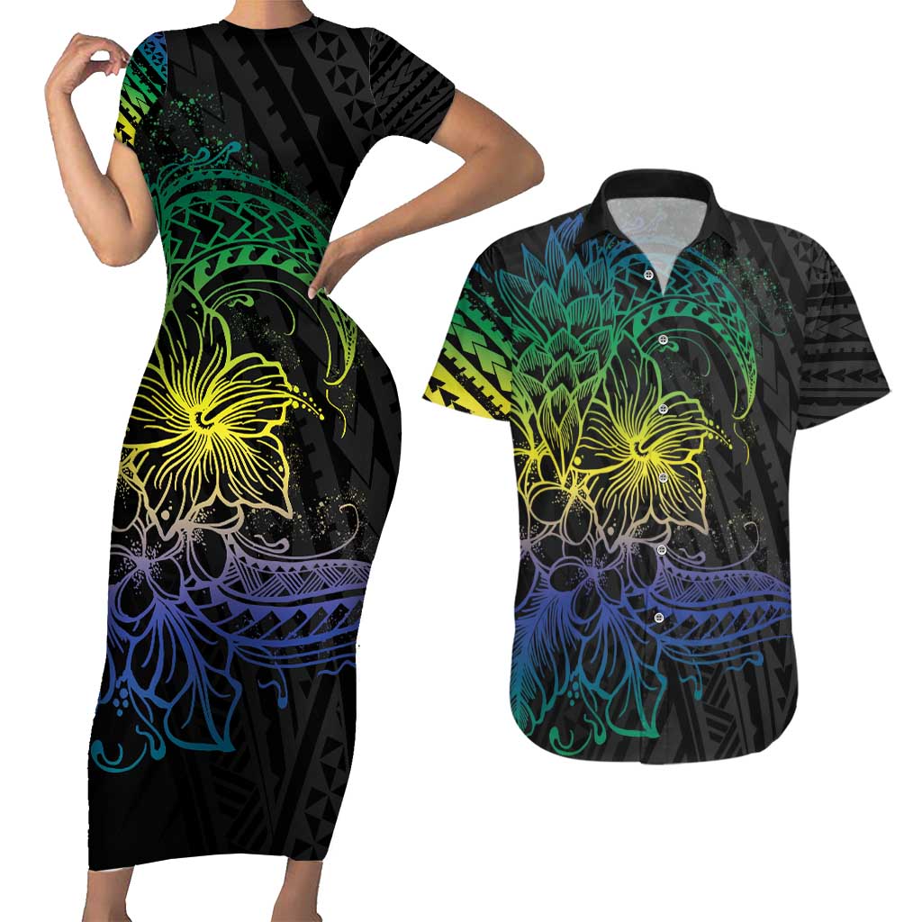 Floral Polynesian Hibiscus Tattoo Couples Matching Short Sleeve Bodycon Dress and Hawaiian Shirt Green Gradient Style