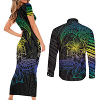 Floral Polynesian Hibiscus Tattoo Couples Matching Short Sleeve Bodycon Dress and Long Sleeve Button Shirt Green Gradient Style