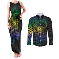 Floral Polynesian Hibiscus Tattoo Couples Matching Tank Maxi Dress and Long Sleeve Button Shirt Green Gradient Style LT9 Green - Polynesian Pride