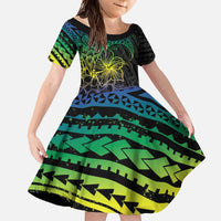 Floral Polynesian Hibiscus Tattoo Family Matching Long Sleeve Bodycon Dress and Hawaiian Shirt Green Gradient Style LT9 Daughter's Dress Green - Polynesian Pride