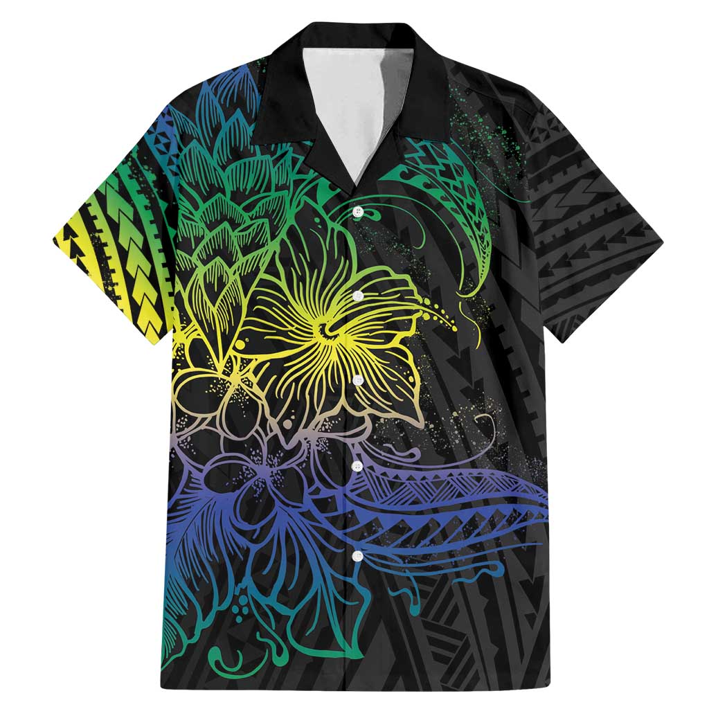 Floral Polynesian Hibiscus Tattoo Family Matching Mermaid Dress and Hawaiian Shirt Green Gradient Style LT9 Dad's Shirt - Short Sleeve Green - Polynesian Pride
