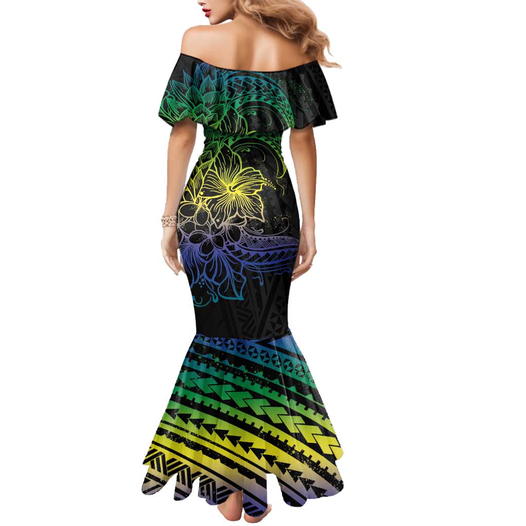 Floral Polynesian Hibiscus Tattoo Family Matching Mermaid Dress and Hawaiian Shirt Green Gradient Style LT9 - Polynesian Pride