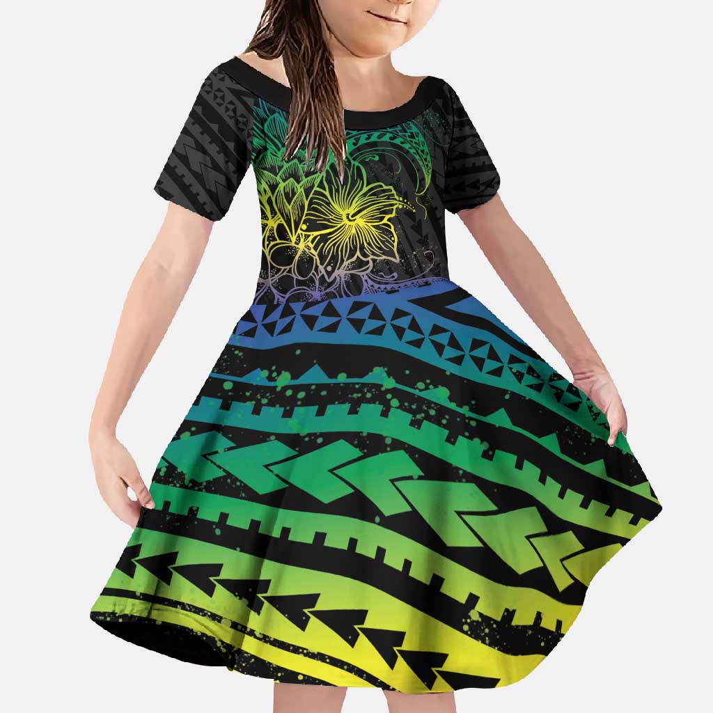 Floral Polynesian Hibiscus Tattoo Family Matching Off Shoulder Maxi Dress and Hawaiian Shirt Green Gradient Style LT9 Daughter's Dress Green - Polynesian Pride