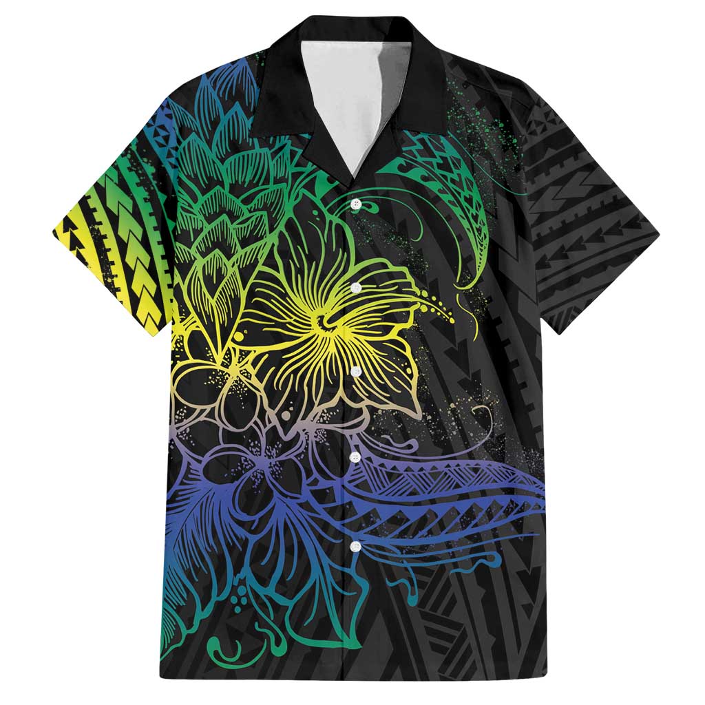 Floral Polynesian Hibiscus Tattoo Family Matching Off Shoulder Maxi Dress and Hawaiian Shirt Green Gradient Style LT9 Dad's Shirt - Short Sleeve Green - Polynesian Pride