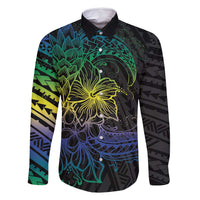 Floral Polynesian Hibiscus Tattoo Family Matching Off Shoulder Maxi Dress and Hawaiian Shirt Green Gradient Style LT9 Dad's Shirt - Long Sleeve Green - Polynesian Pride