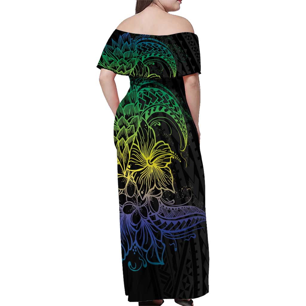 Floral Polynesian Hibiscus Tattoo Family Matching Off Shoulder Maxi Dress and Hawaiian Shirt Green Gradient Style LT9 - Polynesian Pride