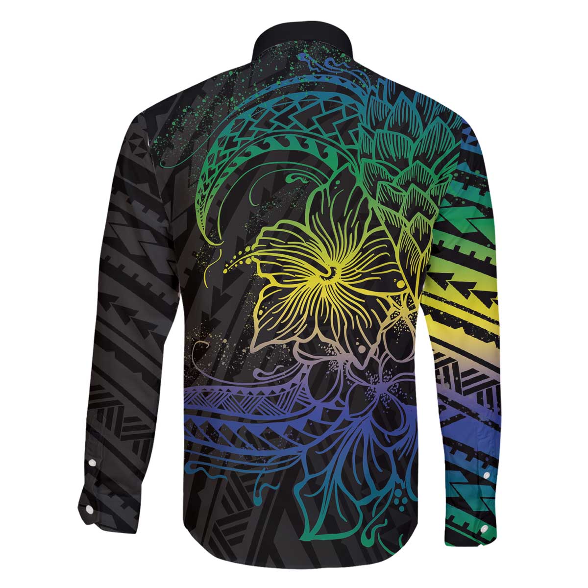 Floral Polynesian Hibiscus Tattoo Family Matching Off Shoulder Short Dress and Hawaiian Shirt Green Gradient Style