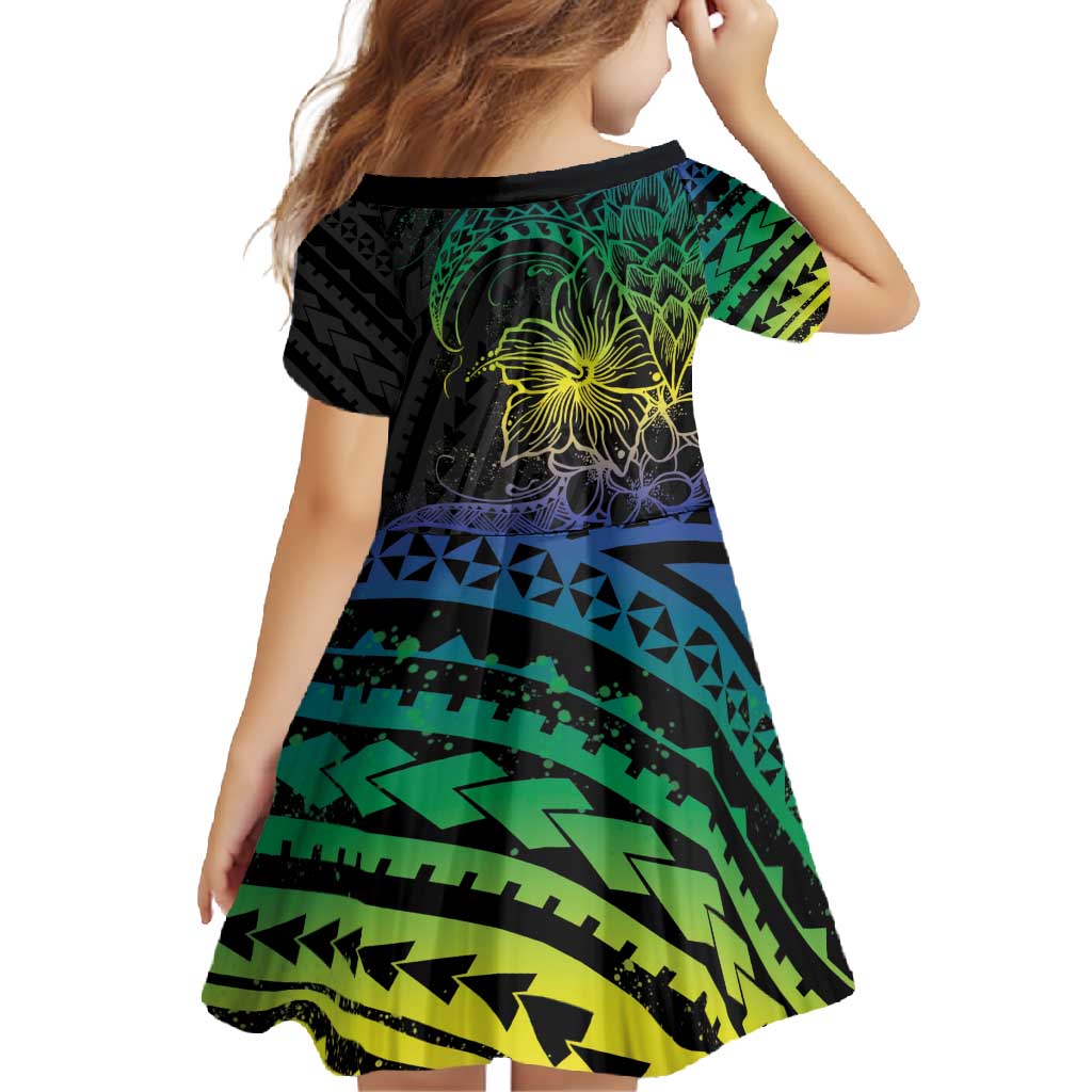 Floral Polynesian Hibiscus Tattoo Family Matching Short Sleeve Bodycon Dress and Hawaiian Shirt Green Gradient Style LT9 - Polynesian Pride