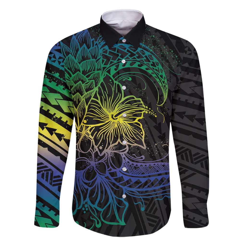 Floral Polynesian Hibiscus Tattoo Family Matching Short Sleeve Bodycon Dress and Hawaiian Shirt Green Gradient Style LT9 Dad's Shirt - Long Sleeve Green - Polynesian Pride