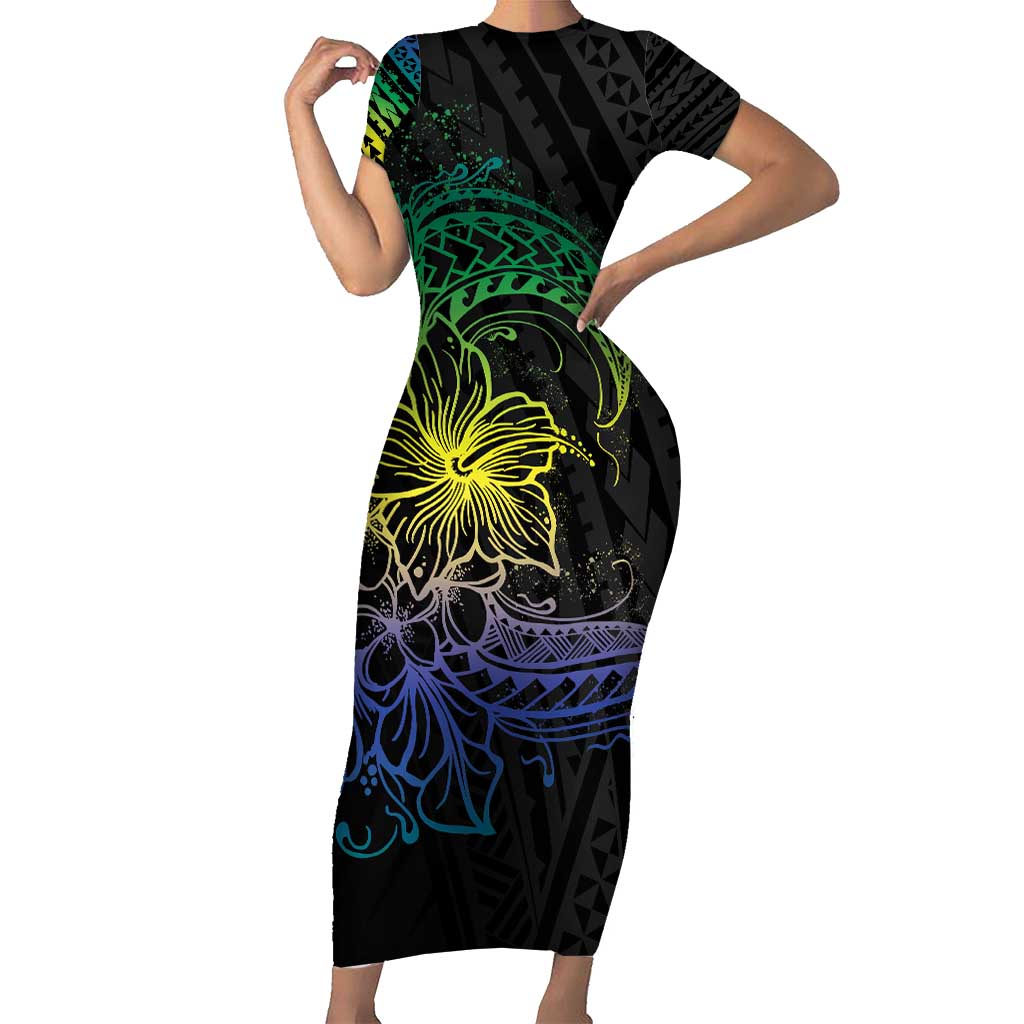 Floral Polynesian Hibiscus Tattoo Family Matching Short Sleeve Bodycon Dress and Hawaiian Shirt Green Gradient Style LT9 Mom's Dress Green - Polynesian Pride