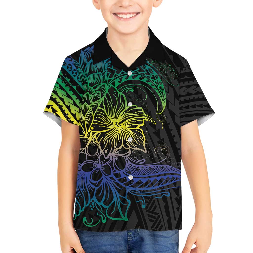 Floral Polynesian Hibiscus Tattoo Family Matching Summer Maxi Dress and Hawaiian Shirt Green Gradient Style