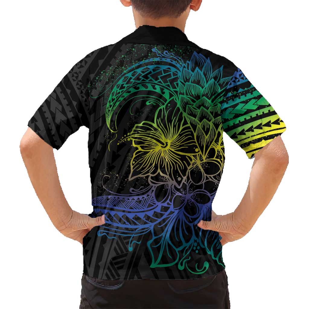 Floral Polynesian Hibiscus Tattoo Family Matching Tank Maxi Dress and Hawaiian Shirt Green Gradient Style