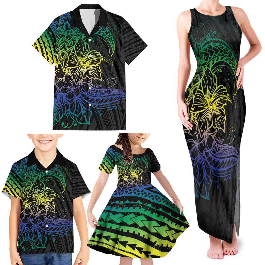 Floral Polynesian Hibiscus Tattoo Family Matching Tank Maxi Dress and Hawaiian Shirt Green Gradient Style