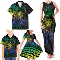 Floral Polynesian Hibiscus Tattoo Family Matching Tank Maxi Dress and Hawaiian Shirt Green Gradient Style