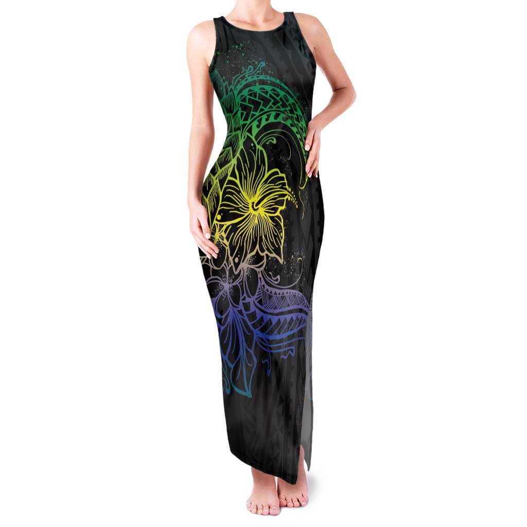 Floral Polynesian Hibiscus Tattoo Family Matching Tank Maxi Dress and Hawaiian Shirt Green Gradient Style