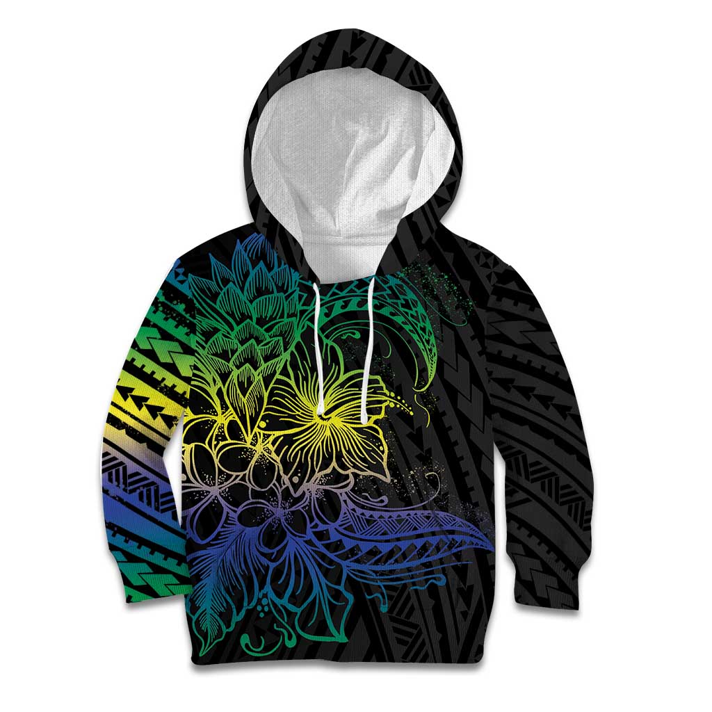 Floral Polynesian Hibiscus Tattoo Kid Hoodie Green Gradient Style