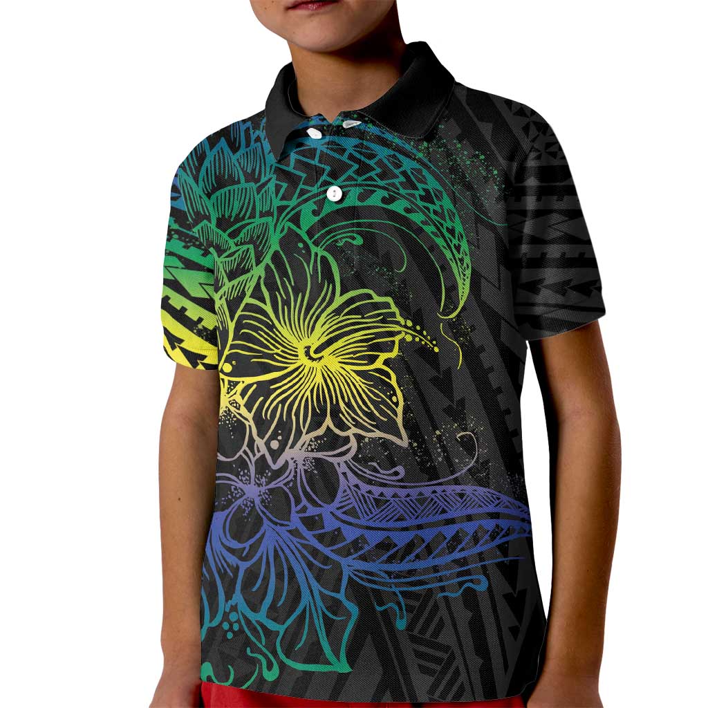 Floral Polynesian Hibiscus Tattoo Kid Polo Shirt Green Gradient Style