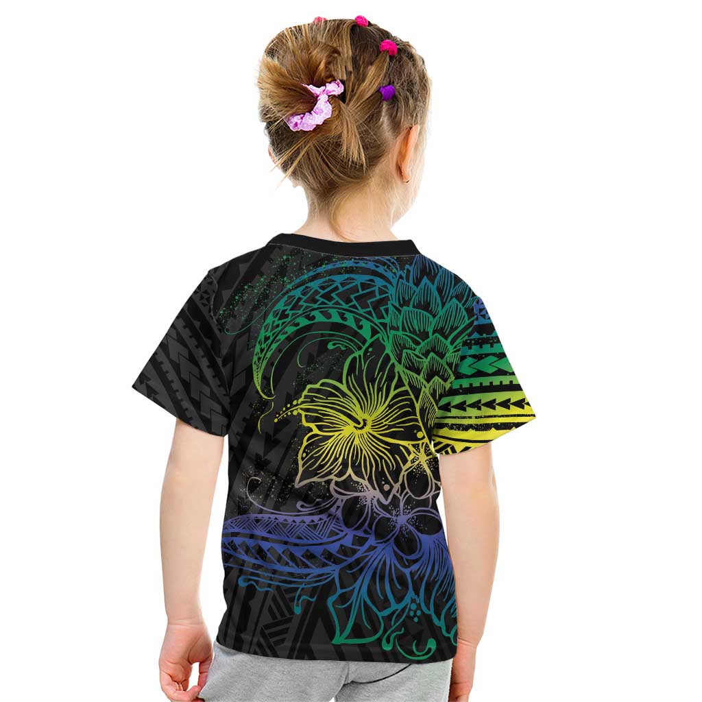 Floral Polynesian Hibiscus Tattoo Kid T Shirt Green Gradient Style