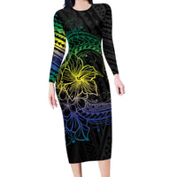 Floral Polynesian Hibiscus Tattoo Long Sleeve Bodycon Dress Green Gradient Style LT9 Long Dress Green - Polynesian Pride