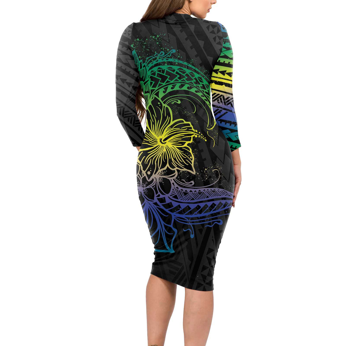 Floral Polynesian Hibiscus Tattoo Long Sleeve Bodycon Dress Green Gradient Style LT9 - Polynesian Pride