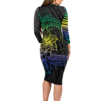Floral Polynesian Hibiscus Tattoo Long Sleeve Bodycon Dress Green Gradient Style LT9 - Polynesian Pride